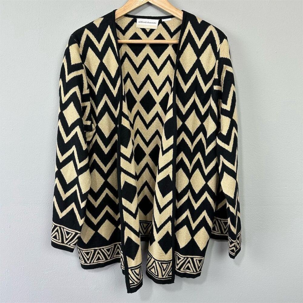 Alfred Dunner Geometric Pattern Knit Cardigan Sweater Est Size‎ XL Black Gold